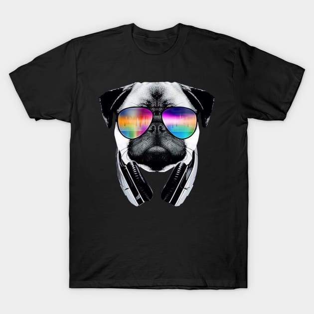 Trippy Pug Dog Wearing Music Equalizer Sunglasses T-Shirt by Wishtopia